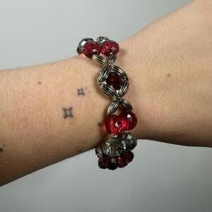 Red, Blue/Grey and Brown Beaded Stretchy Bracelet‎ Gold Accents